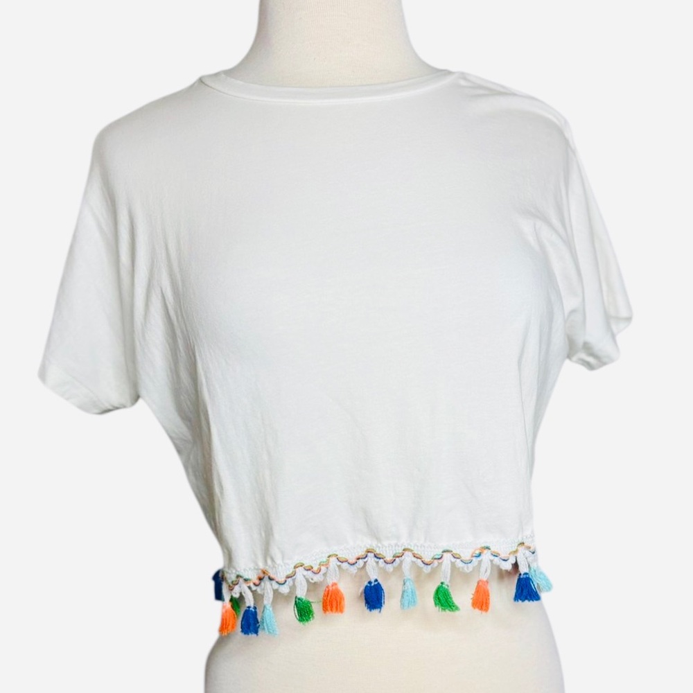 White Crop Top with Colorful Tassel Trim